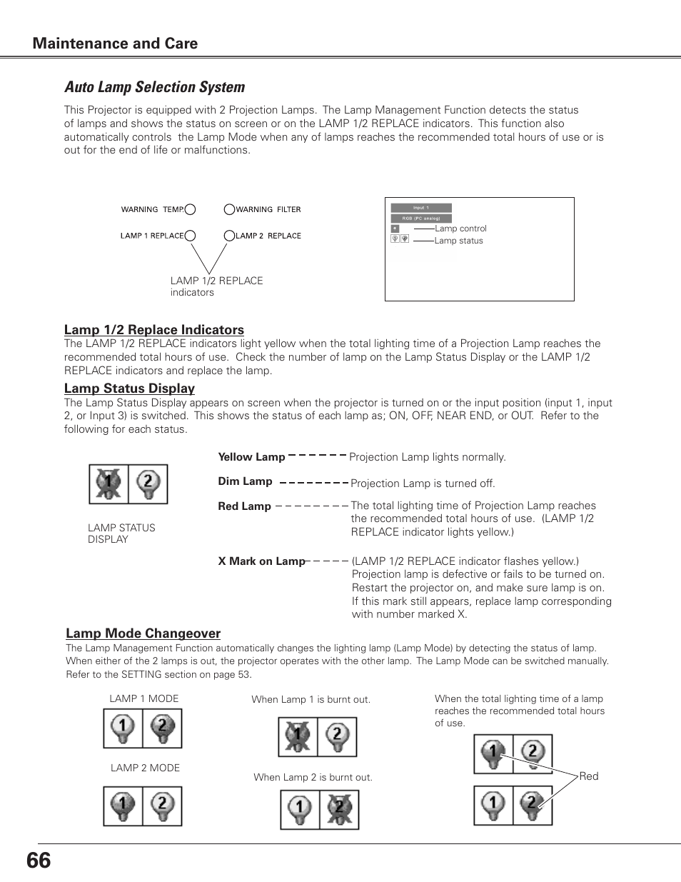 Auto lamp selection system, Maintenance and care | Sanyo PLC WTC500L User Manual | Page 66 / 89