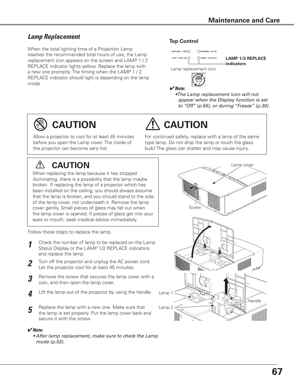 Lamp replacement, Caution, Maintenance and care | Sanyo PLC WTC500L User Manual | Page 67 / 89