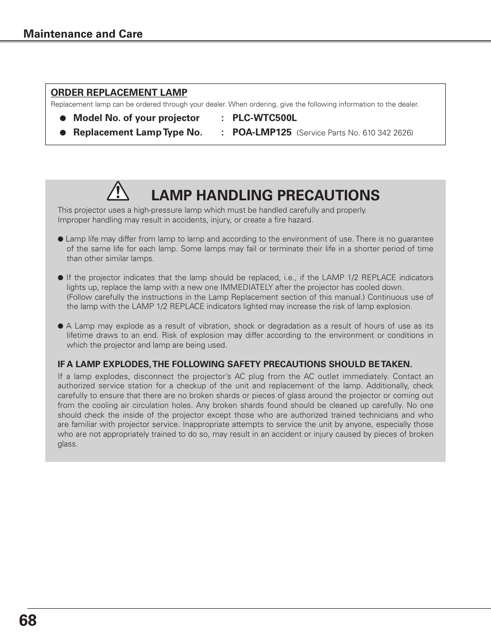 Lamp handling precautions, Maintenance and care | Sanyo PLC WTC500L User Manual | Page 68 / 89