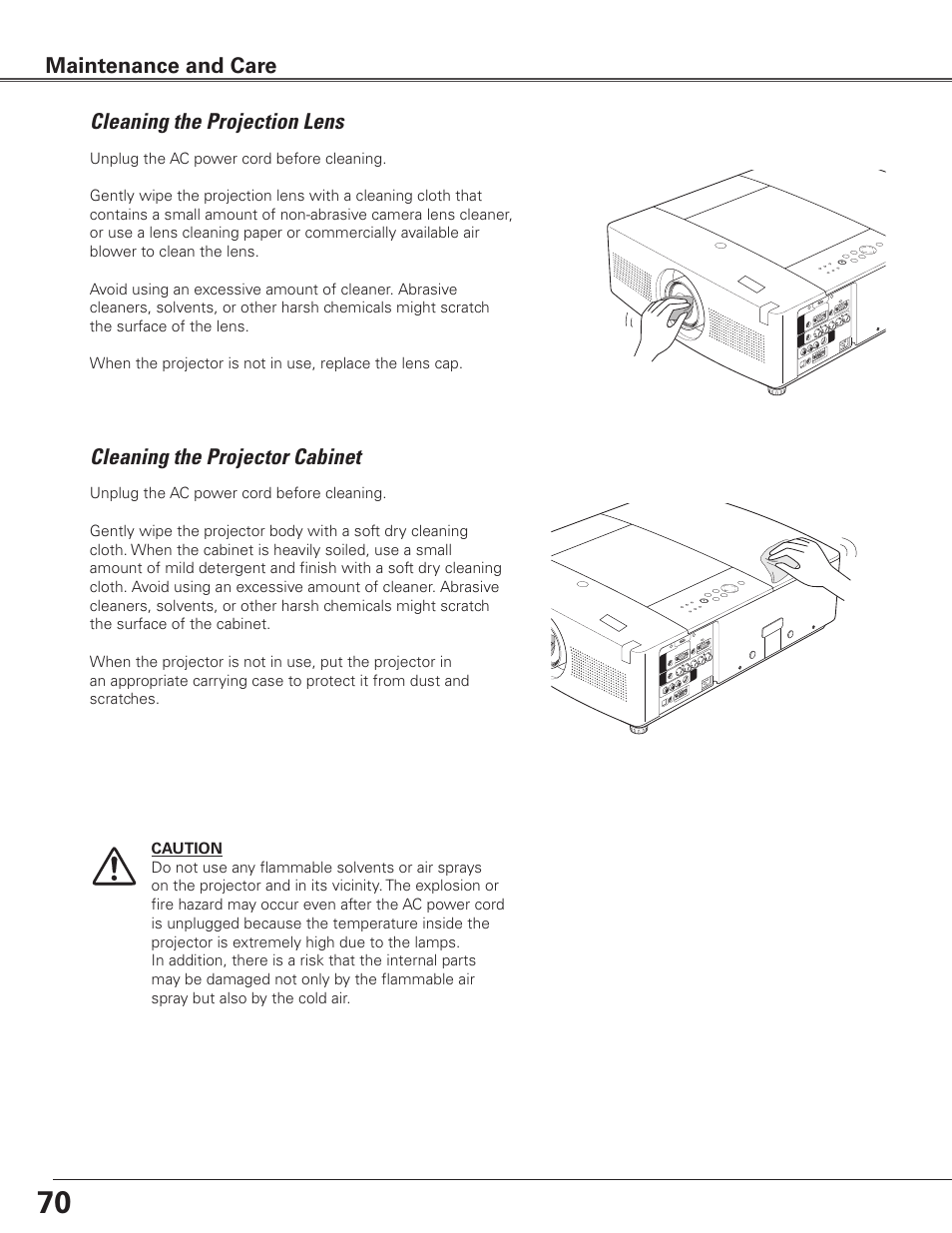 Cleaning the projection lens, Cleaning the projector cabinet, Cleaning the projection lens maintenance and care | Sanyo PLC WTC500L User Manual | Page 70 / 89