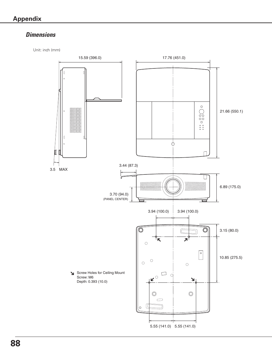 Dimensions, Appendix | Sanyo PLC WTC500L User Manual | Page 88 / 89