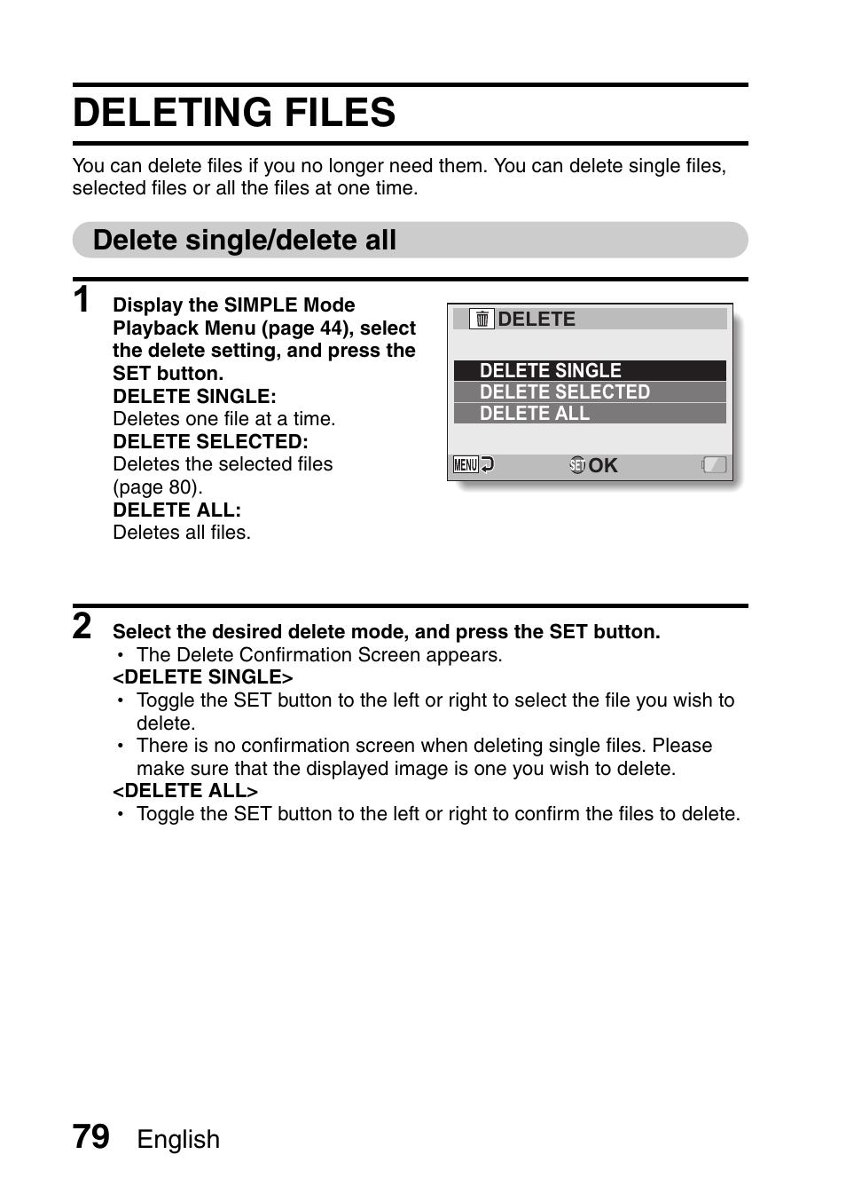 Deleting files, Delete single/delete all | Sanyo HDMI VPC-FH1GX User Manual | Page 100 / 211