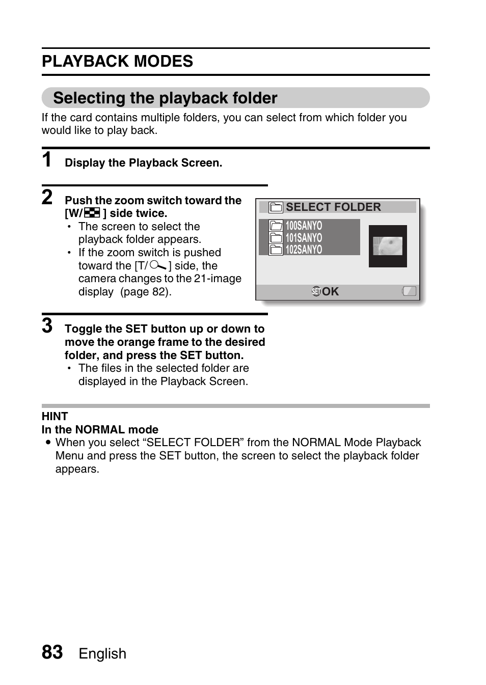 Playback modes selecting the playback folder | Sanyo HDMI VPC-FH1GX User Manual | Page 104 / 211