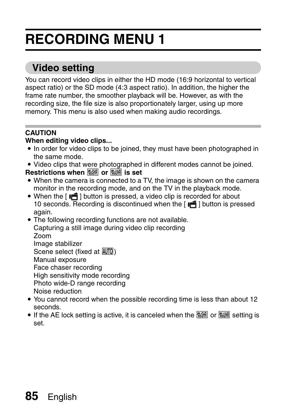 Recording menu 1, Video setting, English | Sanyo HDMI VPC-FH1GX User Manual | Page 106 / 211