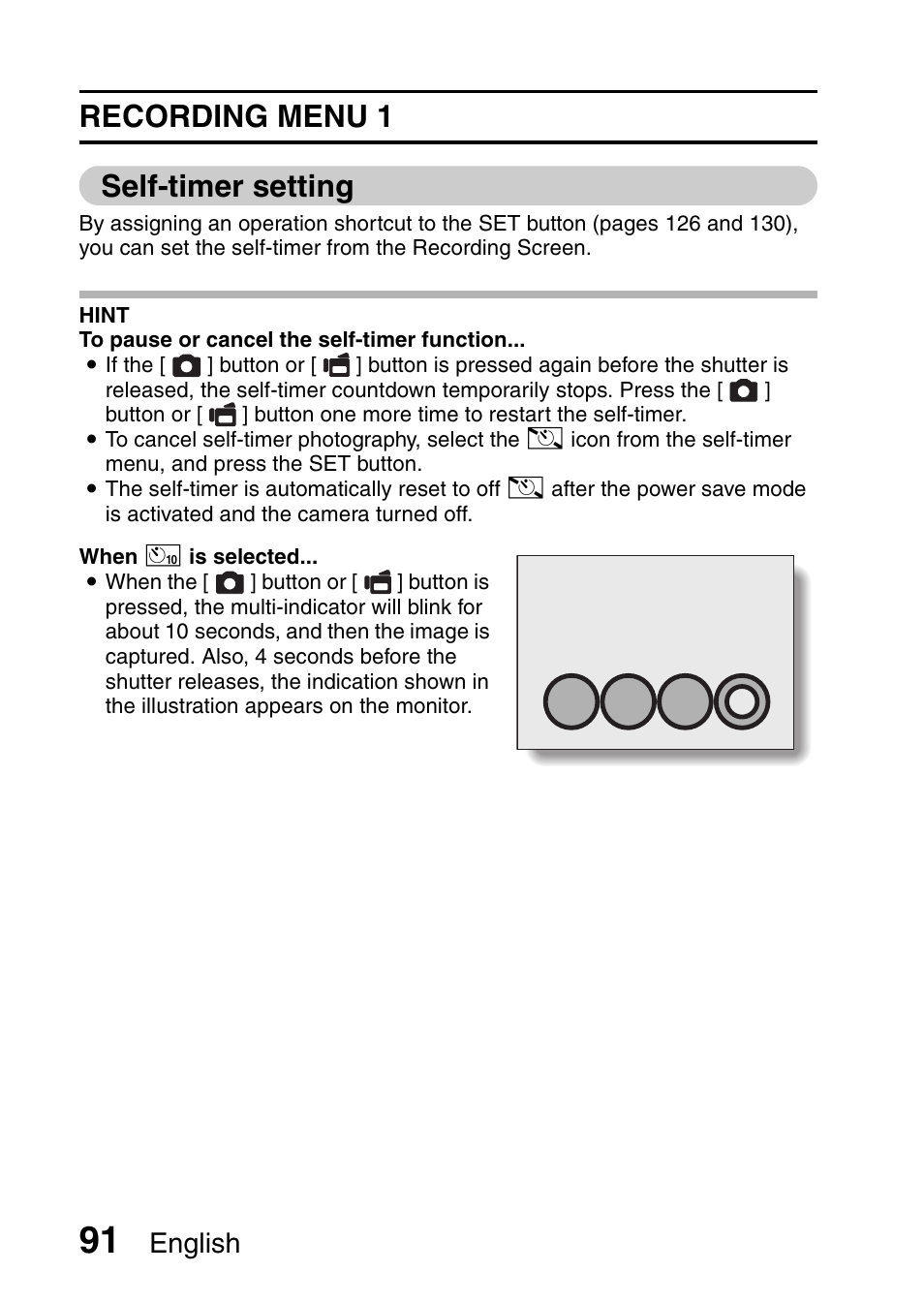 Recording menu 1 self-timer setting, English | Sanyo HDMI VPC-FH1GX User Manual | Page 112 / 211