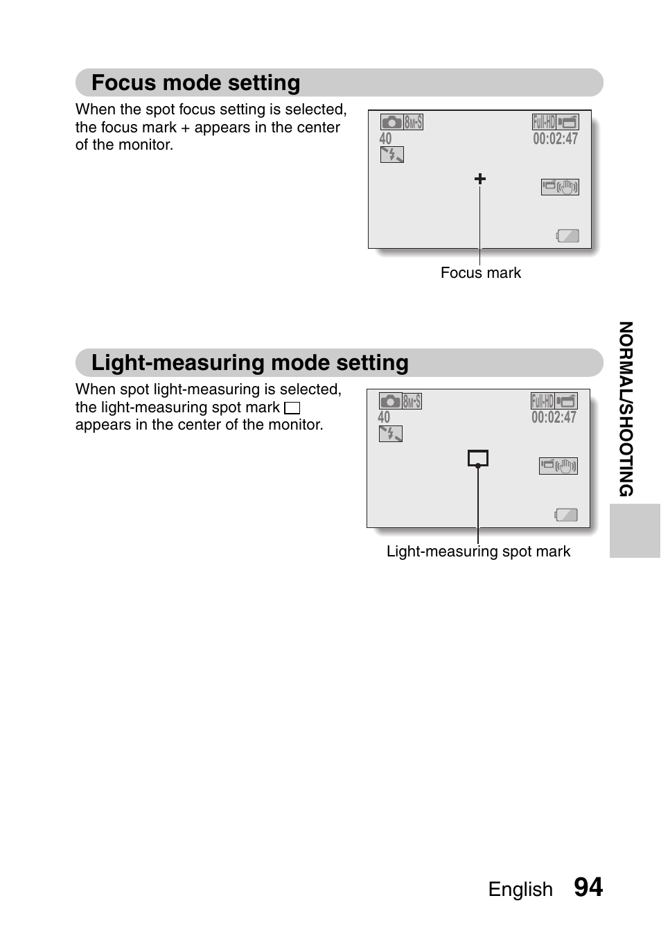 Focus mode setting, Light-measuring mode setting, English | Sanyo HDMI VPC-FH1GX User Manual | Page 115 / 211