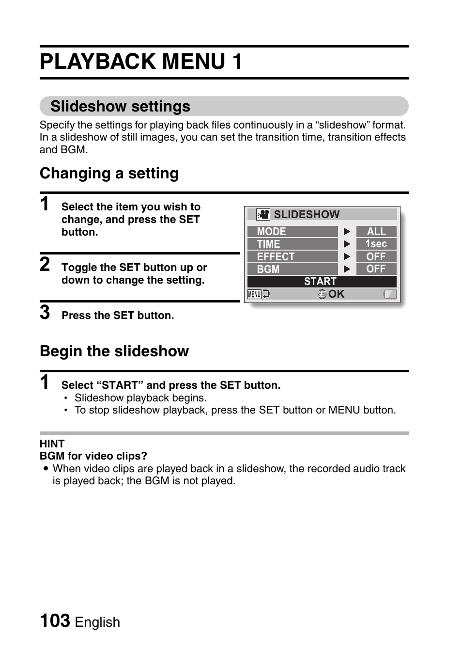 Playback menu 1, Slideshow settings, Changing a setting | Begin the slideshow | Sanyo HDMI VPC-FH1GX User Manual | Page 124 / 211