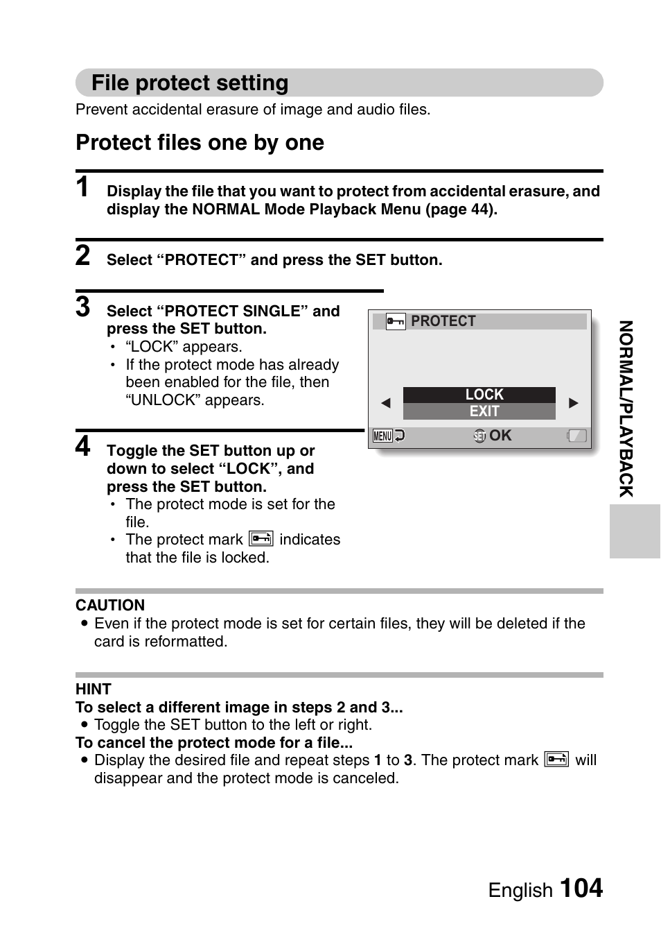 File protect setting, Protect files one by one | Sanyo HDMI VPC-FH1GX User Manual | Page 125 / 211