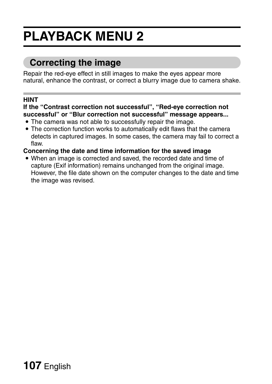 Playback menu 2, Correcting the image | Sanyo HDMI VPC-FH1GX User Manual | Page 128 / 211