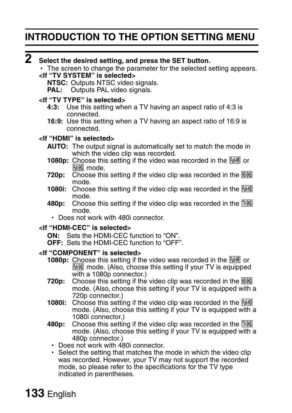 Introduction to the option setting menu, English | Sanyo HDMI VPC-FH1GX User Manual | Page 154 / 211