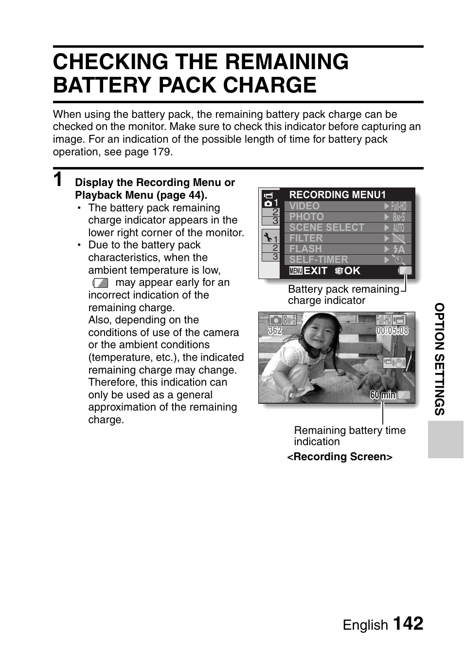 Checking the remaining battery pack charge, English | Sanyo HDMI VPC-FH1GX User Manual | Page 163 / 211