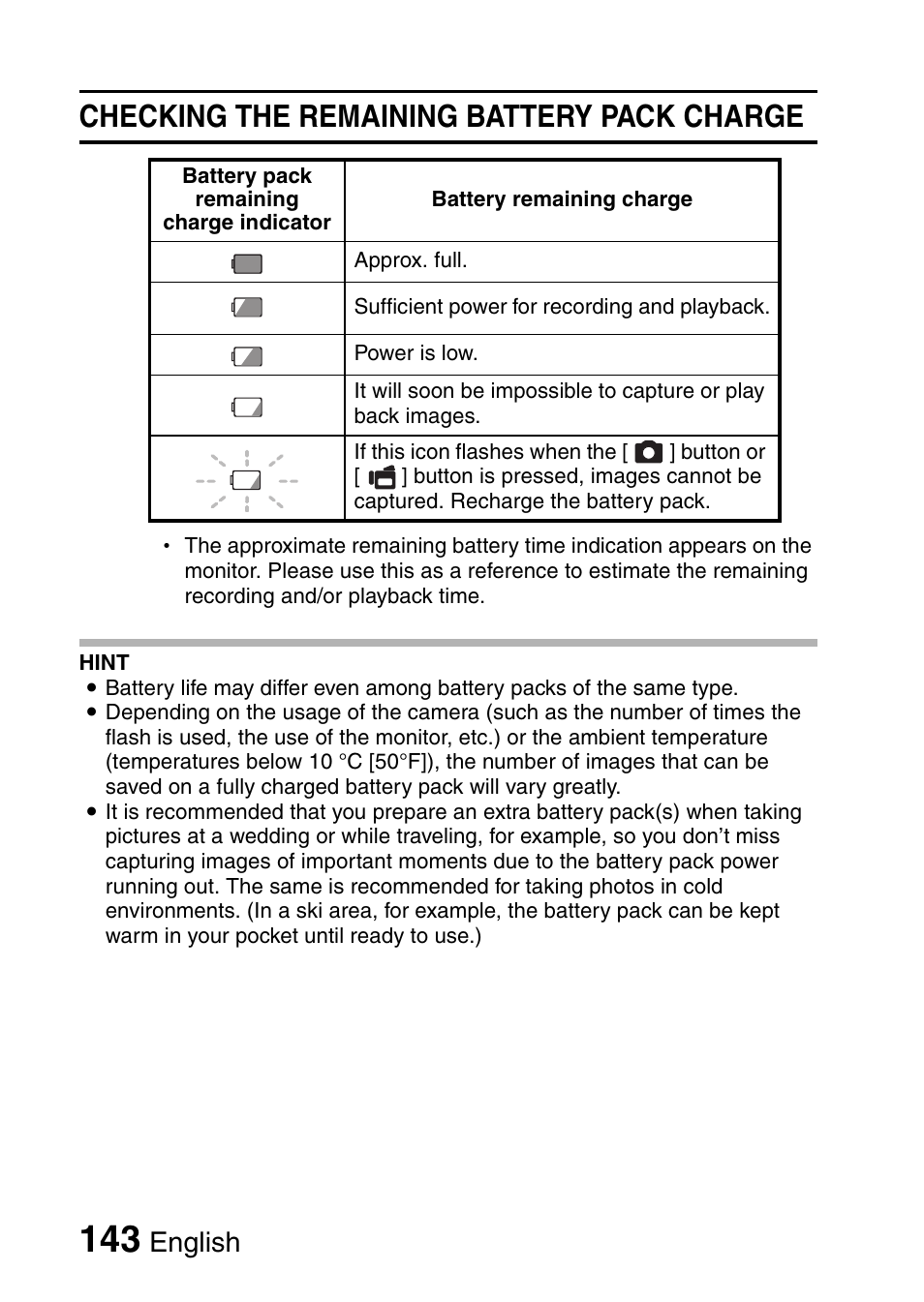 Checking the remaining battery pack charge, English | Sanyo HDMI VPC-FH1GX User Manual | Page 164 / 211