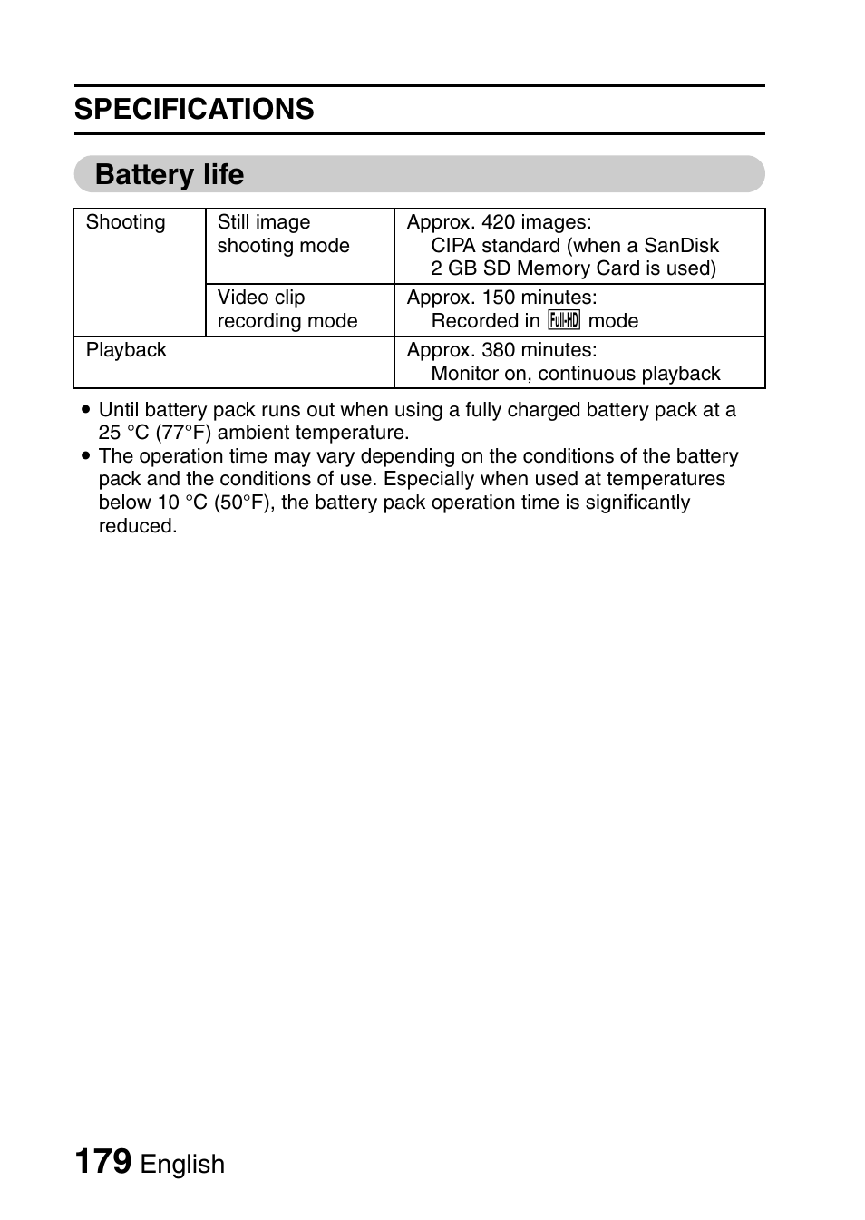 Specifications battery life, English | Sanyo HDMI VPC-FH1GX User Manual | Page 200 / 211