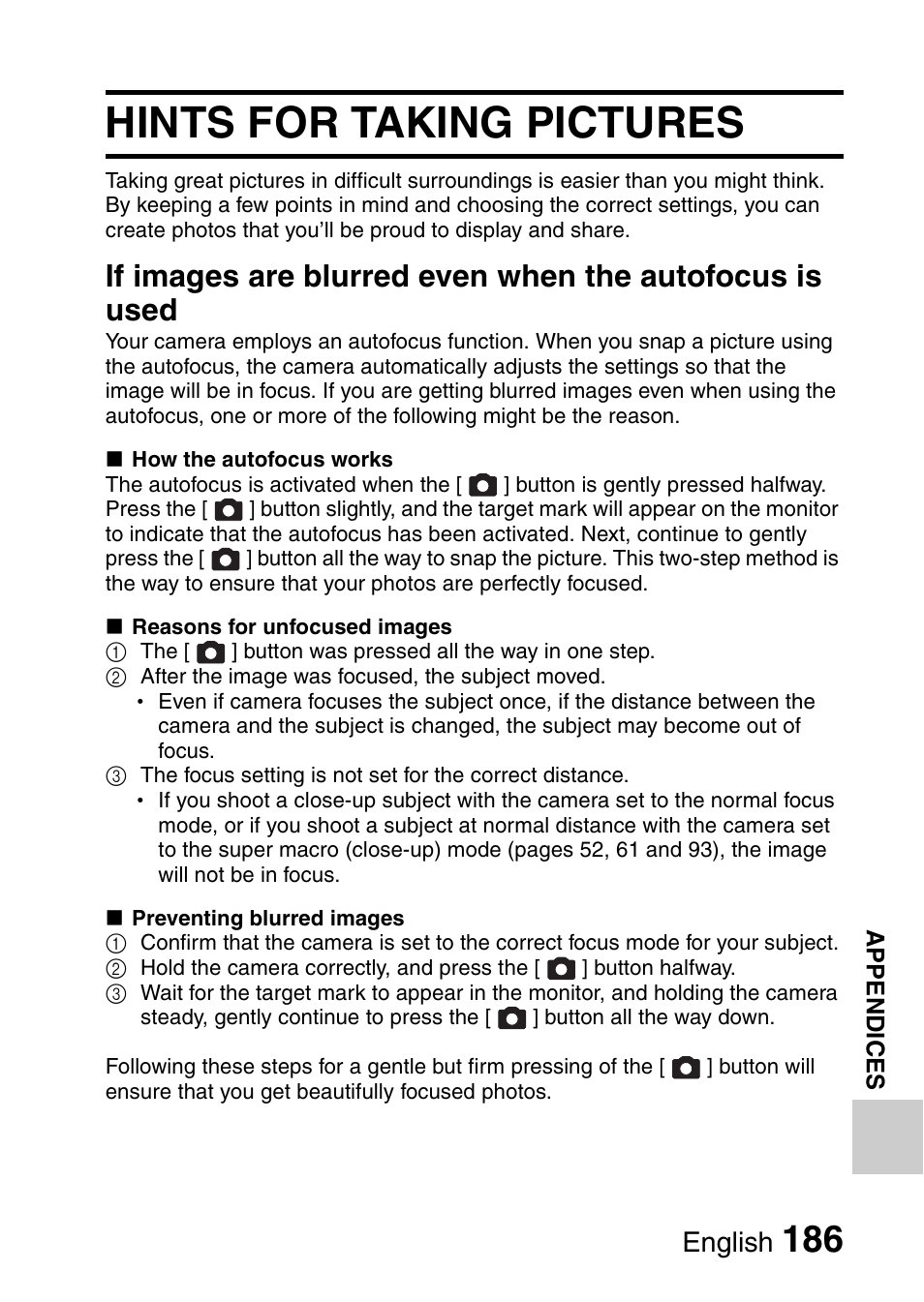 Hints for taking pictures, English | Sanyo HDMI VPC-FH1GX User Manual | Page 207 / 211