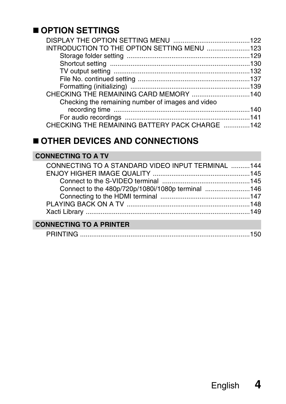 English, Option settings, Other devices and connections | Sanyo HDMI VPC-FH1GX User Manual | Page 25 / 211