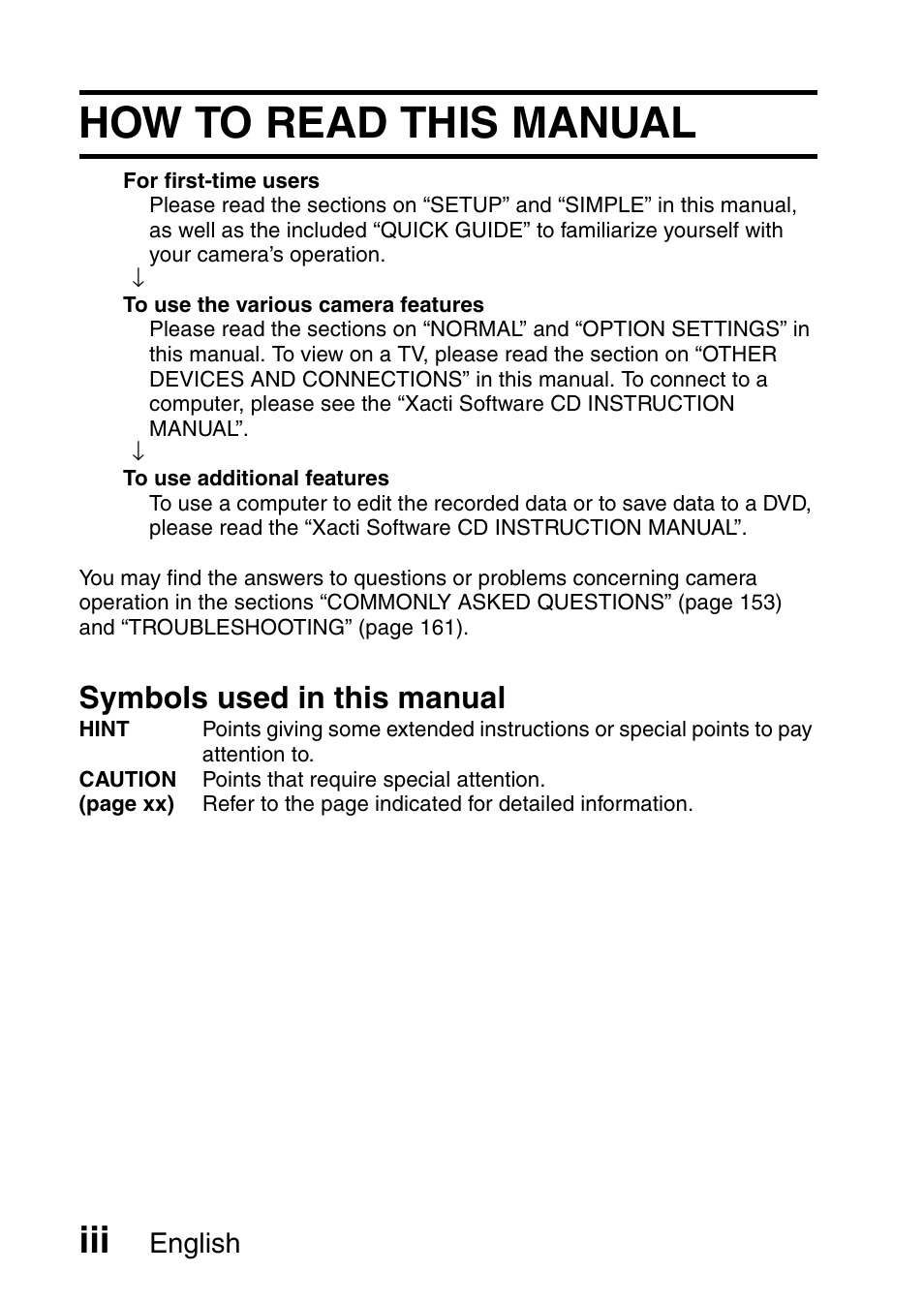 How to read this manual, Symbols used in this manual, English | Sanyo HDMI VPC-FH1GX User Manual | Page 4 / 211