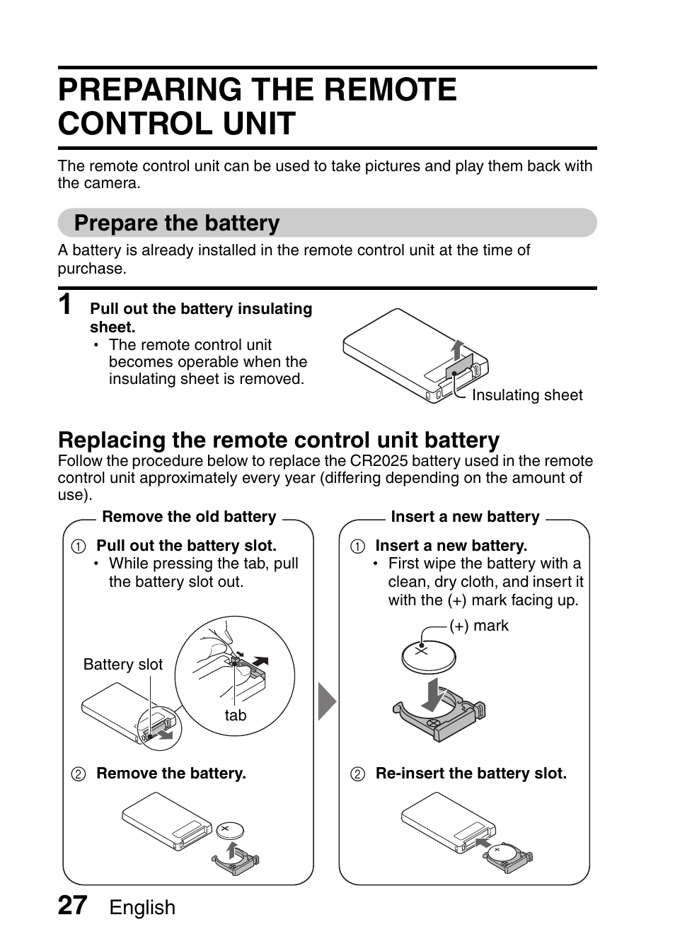 Preparing the remote control unit, Prepare the battery, Replacing the remote control unit battery | English | Sanyo HDMI VPC-FH1GX User Manual | Page 48 / 211