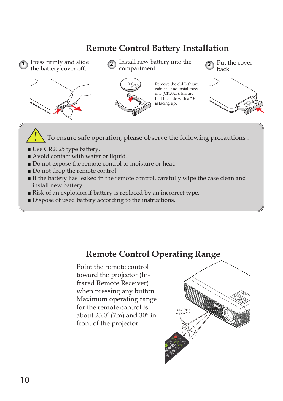 Remote control battery installation, Remote control operating range, Press firmly and slide the battery cover off | Put the cover back, Install new battery into the compartment | Sanyo PDG-DSU30 User Manual | Page 10 / 20