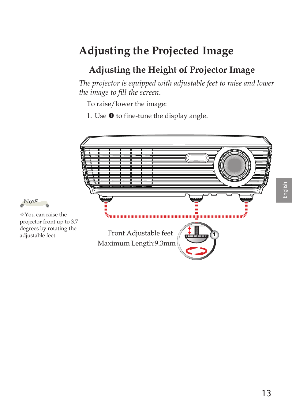 Adjusting the projected image, Adjusting the height of projector image | Sanyo PDG-DSU30 User Manual | Page 13 / 20