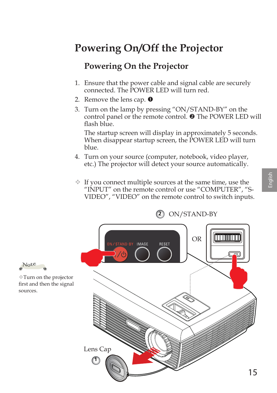 Powering on/off the projector, Powering on the projector | Sanyo PDG-DSU30 User Manual | Page 15 / 20