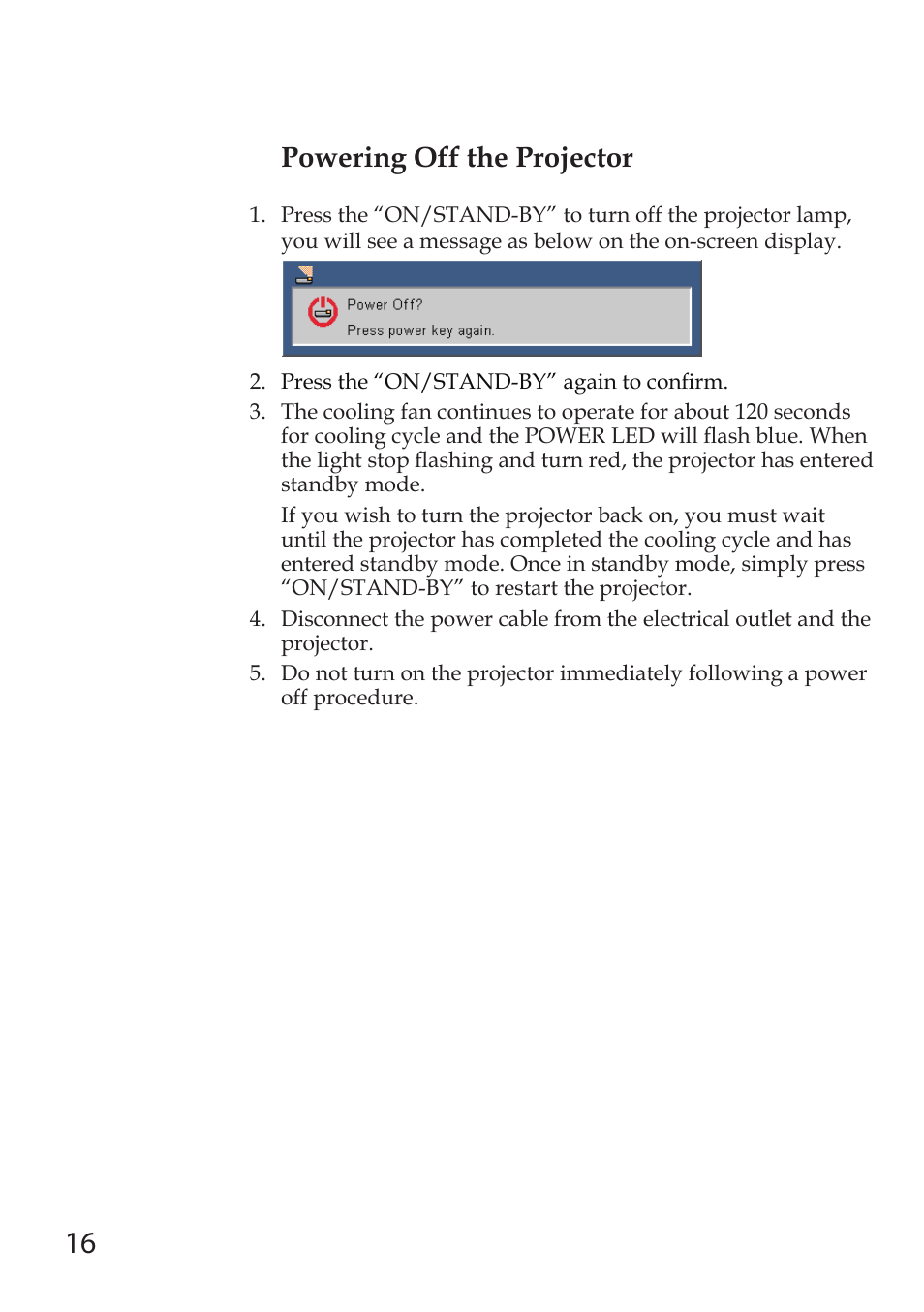 Powering off the projector | Sanyo PDG-DSU30 User Manual | Page 16 / 20
