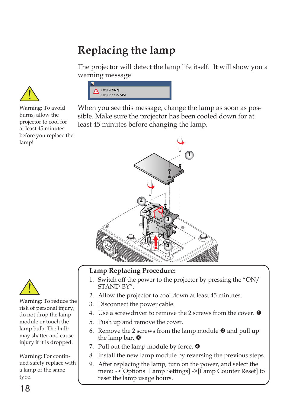 Replacing the lamp | Sanyo PDG-DSU30 User Manual | Page 18 / 20