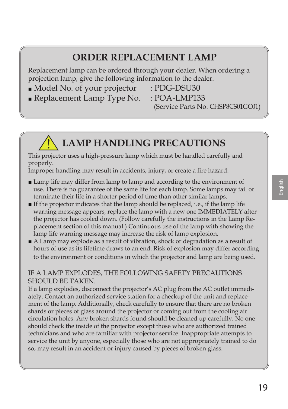 Order replacement lamp, Lamp handling precautions, Model no. of your projector : pdg-dsu30 | Replacement lamp type no. : poa-lmp133 | Sanyo PDG-DSU30 User Manual | Page 19 / 20