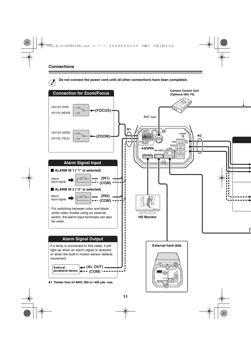 Connections 11, Alarm signal input, Alarm signal output | Connection for zoom/focus | Sanyo VCC-HD4000 User Manual | Page 12 / 43