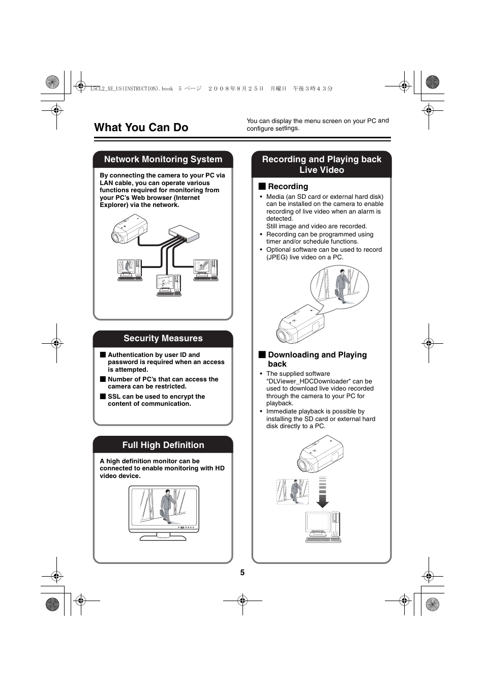 What you can do, Network monitoring system, Security measures | Full high definition, Recording and playing back live video | Sanyo VCC-HD4000 User Manual | Page 6 / 43