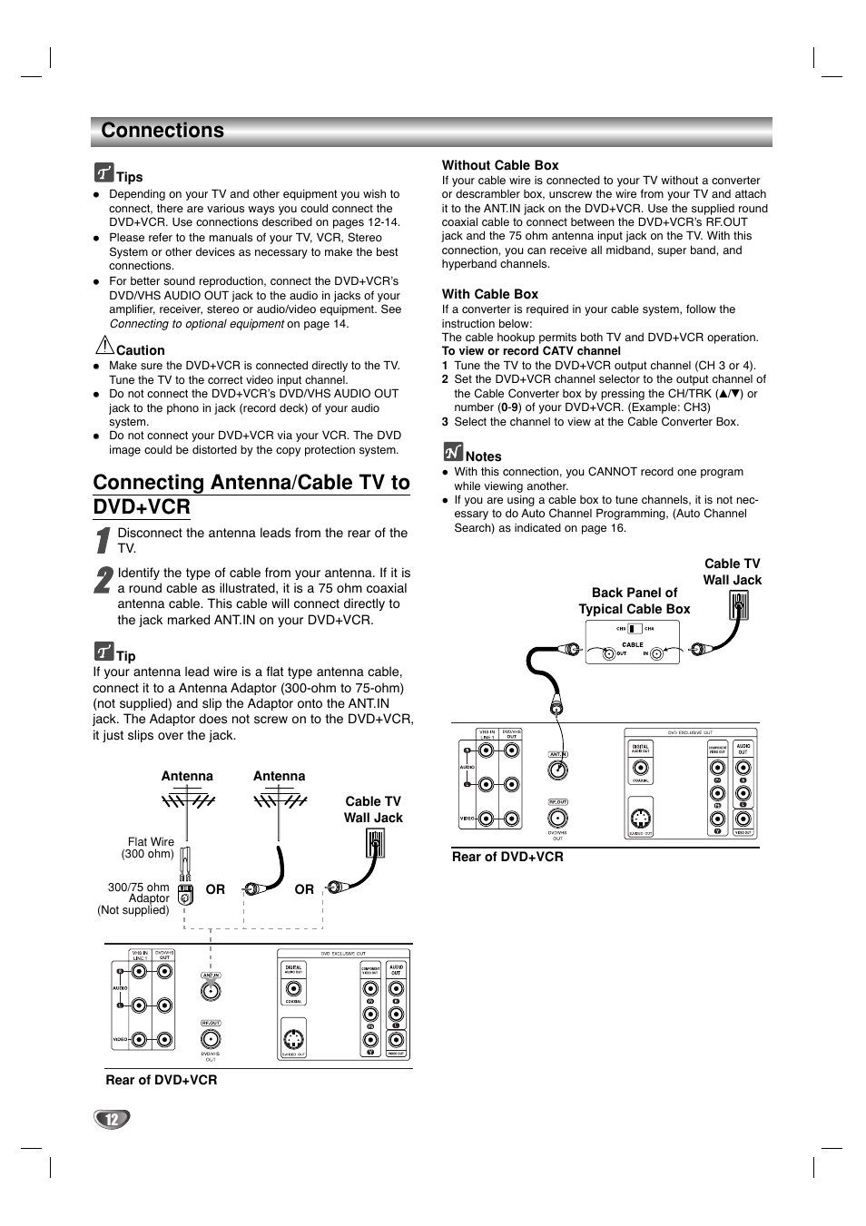 Connections, Connecting antenna/cable tv to dvd+vcr | Sanyo DVC-2500 User Manual | Page 12 / 38