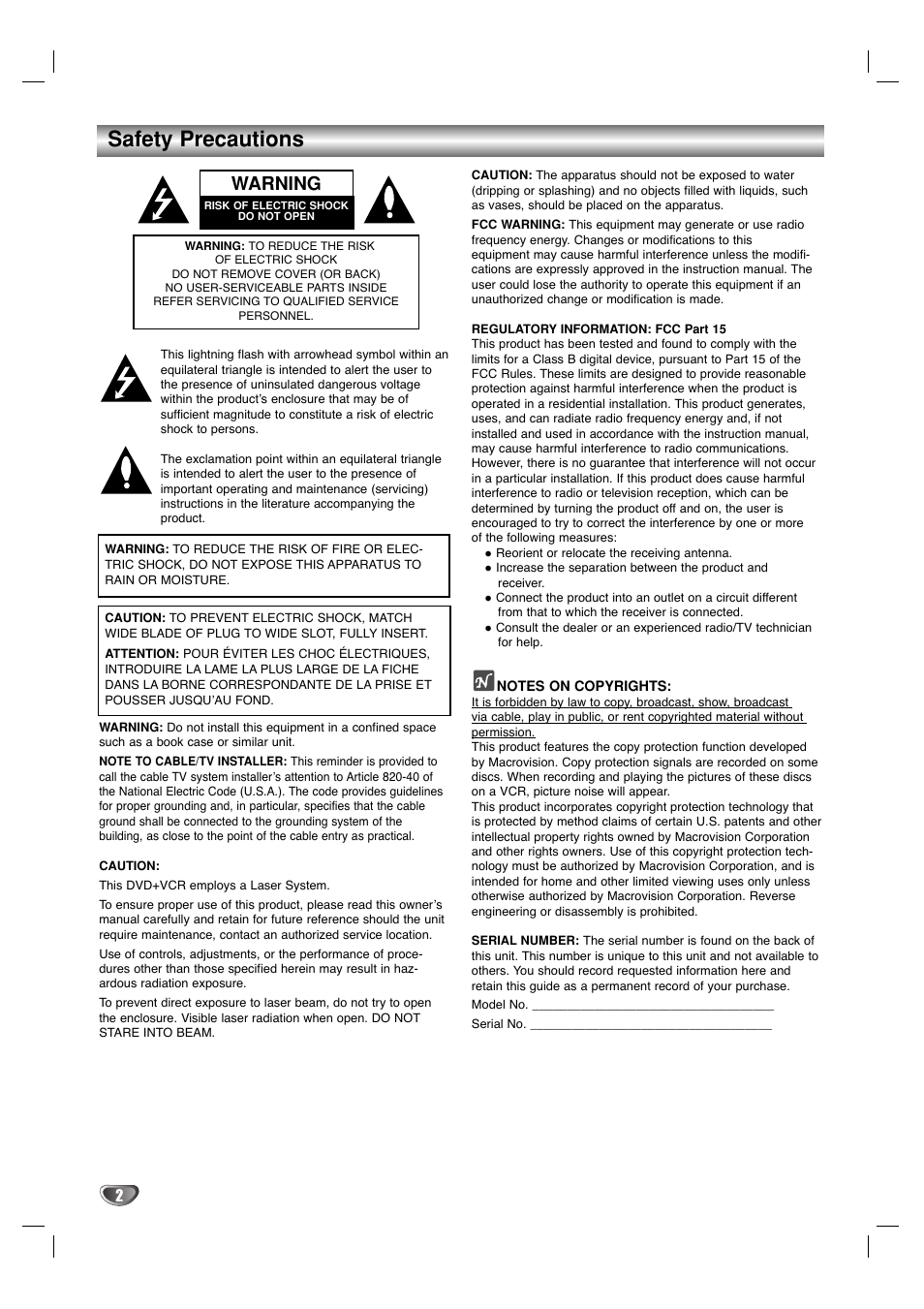 Safety precautions, Warning | Sanyo DVC-2500 User Manual | Page 2 / 38