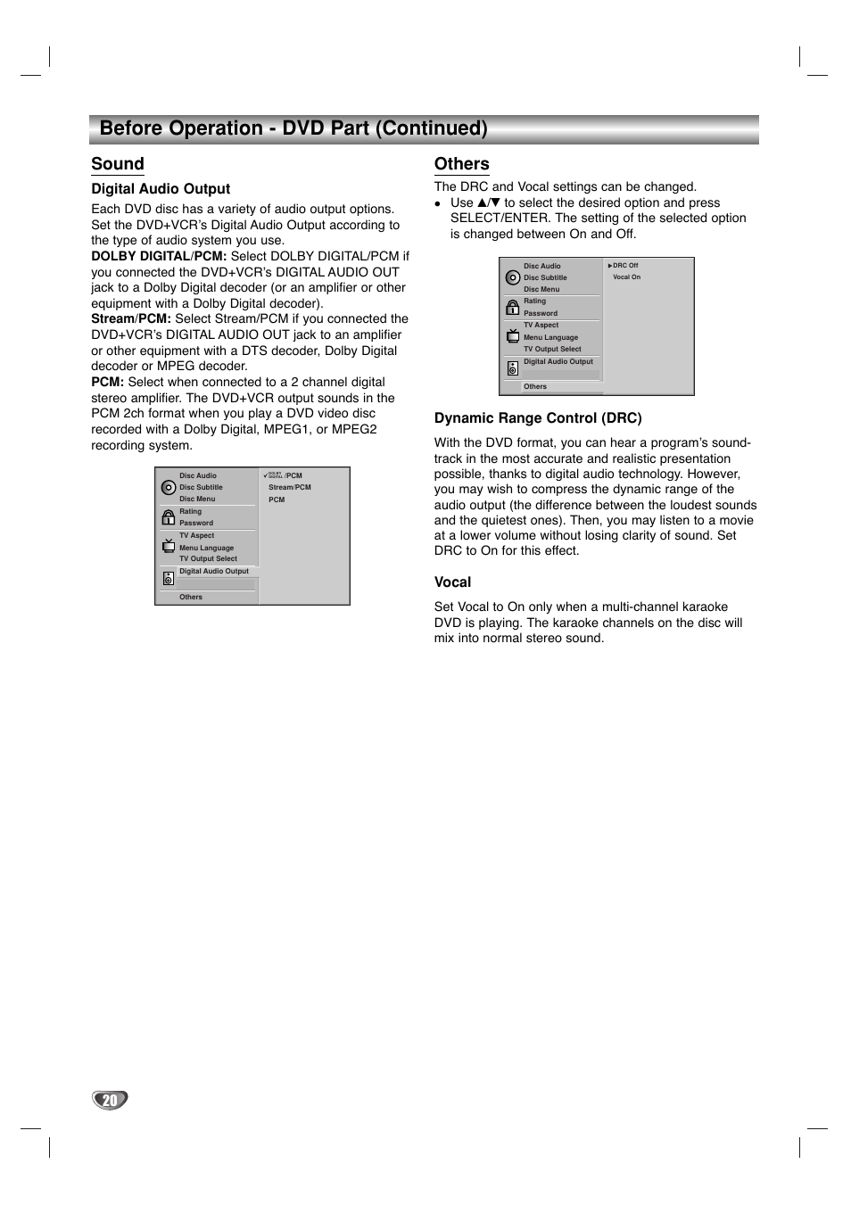 Before operation - dvd part (continued), Sound, Others | Digital audio output, Dynamic range control (drc), Vocal | Sanyo DVC-2500 User Manual | Page 20 / 38