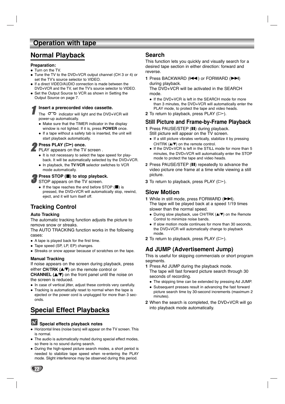 Operation with tape normal playback, Special effect playbacks | Sanyo DVC-2500 User Manual | Page 22 / 38