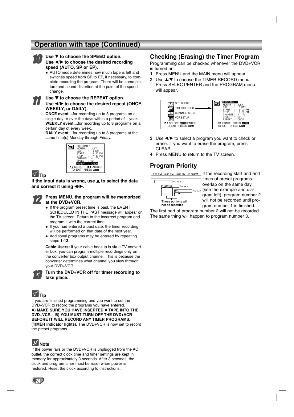 Operation with tape (continued), Checking (erasing) the timer program, Program priority | Sanyo DVC-2500 User Manual | Page 24 / 38