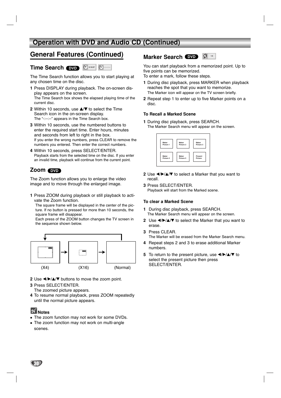 Time search, Zoom, Marker search | Sanyo DVC-2500 User Manual | Page 30 / 38