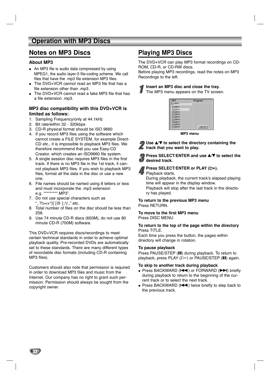 Playing mp3 discs | Sanyo DVC-2500 User Manual | Page 32 / 38