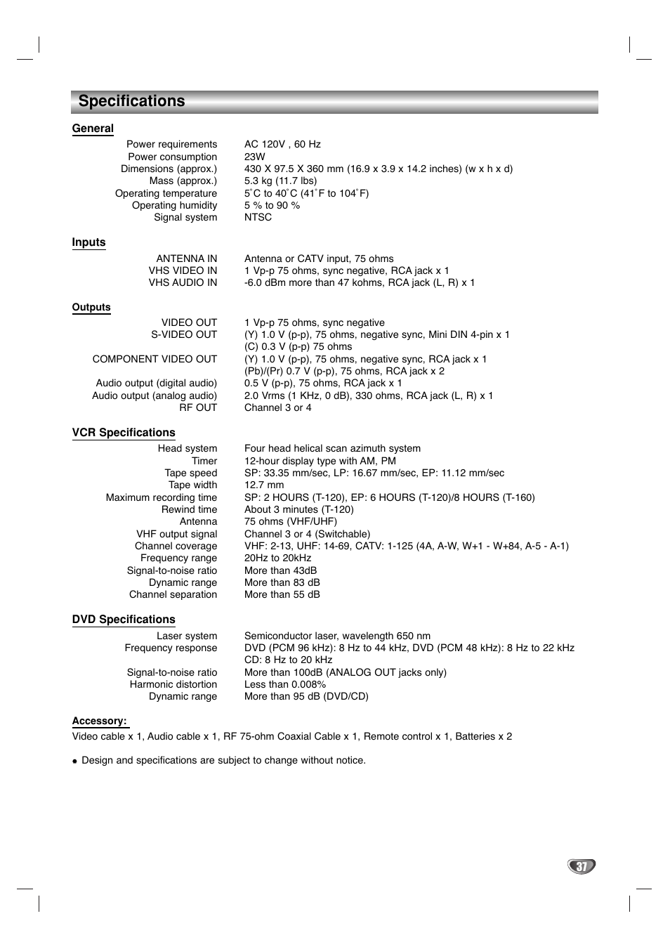 Specifications | Sanyo DVC-2500 User Manual | Page 37 / 38