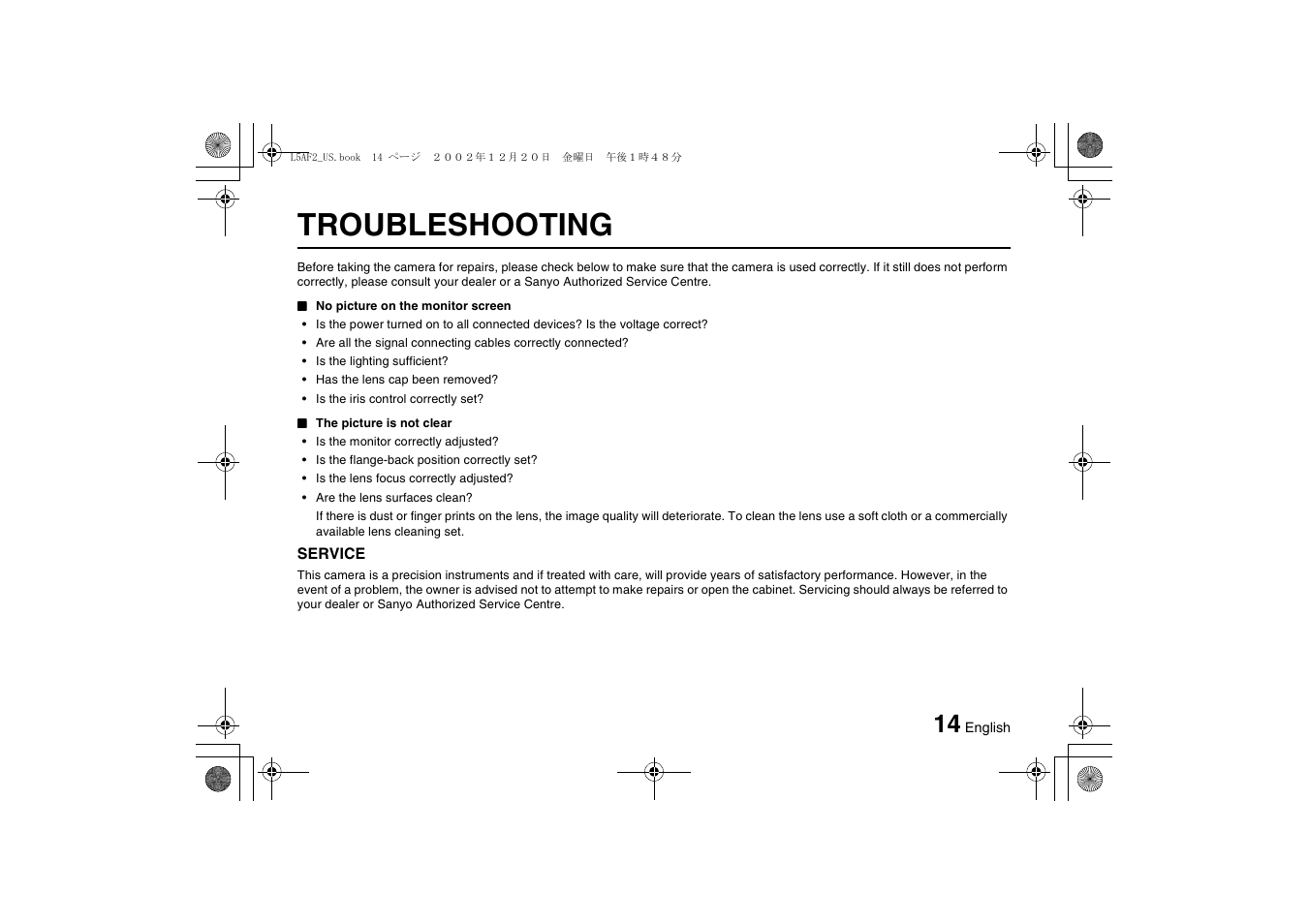 Troubleshooting | Sanyo VCC-3944 User Manual | Page 15 / 20