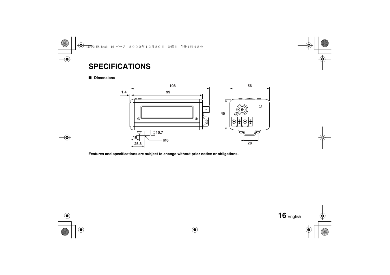 Specifications | Sanyo VCC-3944 User Manual | Page 17 / 20