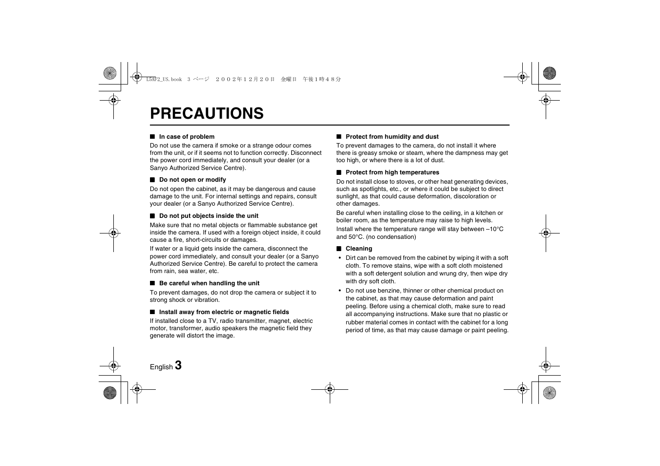 Precautions | Sanyo VCC-3944 User Manual | Page 4 / 20