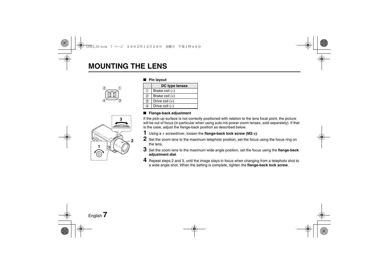 7mounting the lens | Sanyo VCC-3944 User Manual | Page 8 / 20