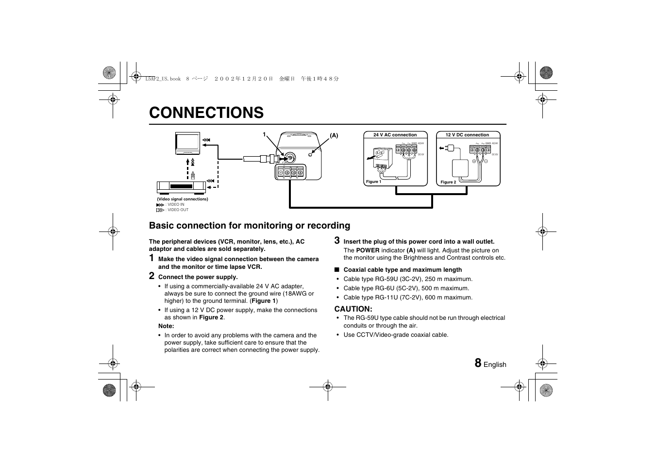 Connections, Basic connection for monitoring or recording | Sanyo VCC-3944 User Manual | Page 9 / 20