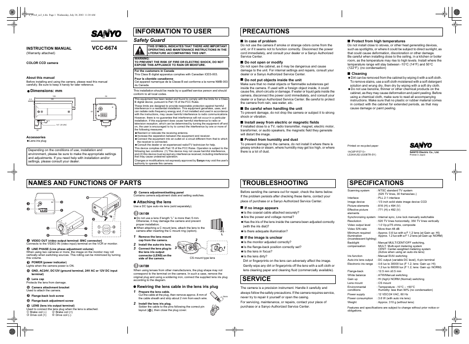 Sanyo VCC-6674 User Manual | 2 pages