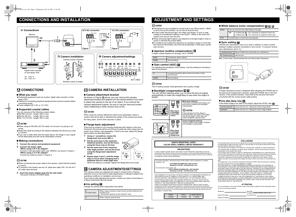 Connections and installation, Adjustment and settings, Connections | Camera installation, Camera adjustments/settings | Sanyo VCC-6674 User Manual | Page 2 / 2