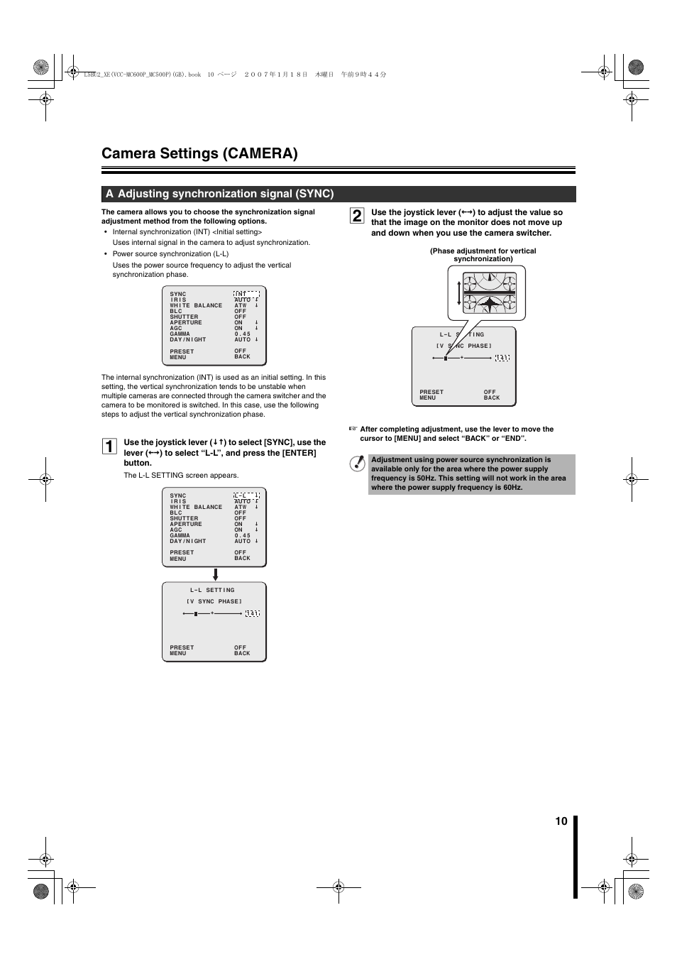 Camera settings (camera), A adjusting synchronization signal (sync) | Sanyo VCC-MC600P User Manual | Page 11 / 56