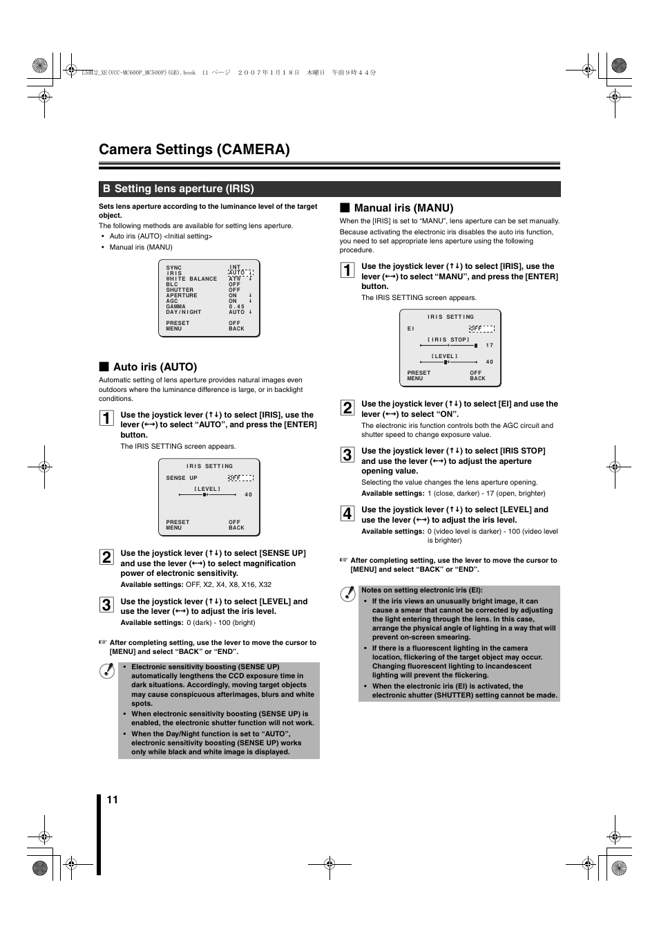 Camera settings (camera), B auto iris (auto), B manual iris (manu) | B setting lens aperture (iris) | Sanyo VCC-MC600P User Manual | Page 12 / 56