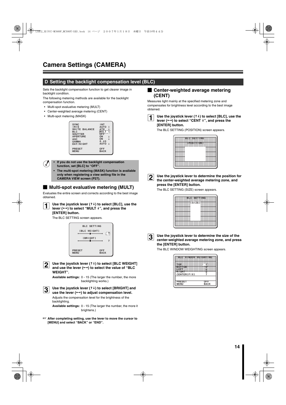 Camera settings (camera), B multi-spot evaluative metering (mult), B center-weighted average metering (cent) | D setting the backlight compensation level (blc) | Sanyo VCC-MC600P User Manual | Page 15 / 56