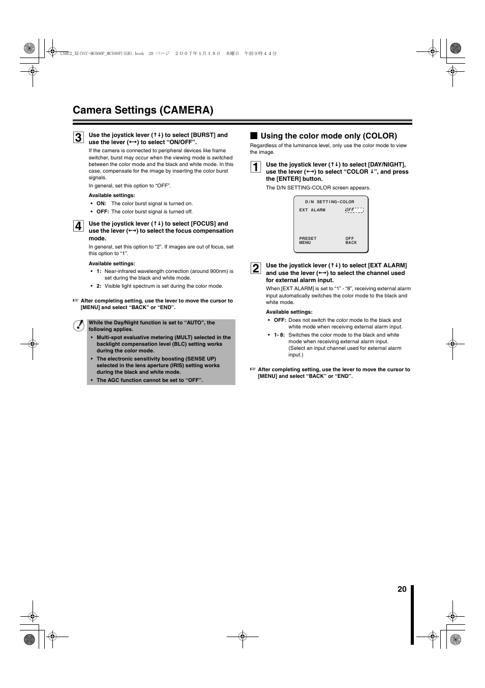 Camera settings (camera), B using the color mode only (color) | Sanyo VCC-MC600P User Manual | Page 21 / 56