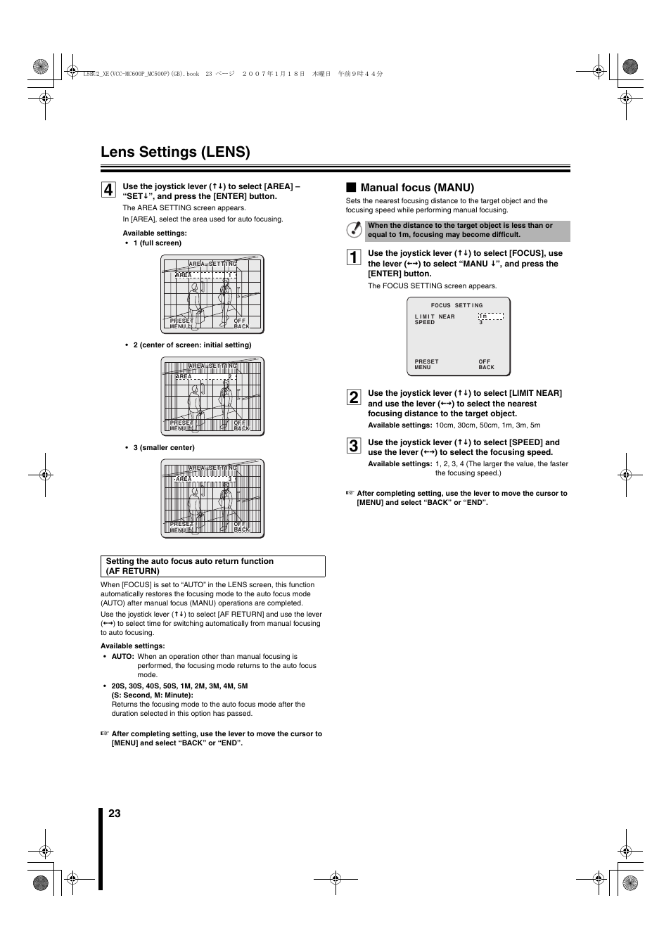 Lens settings (lens), B manual focus (manu) | Sanyo VCC-MC600P User Manual | Page 24 / 56