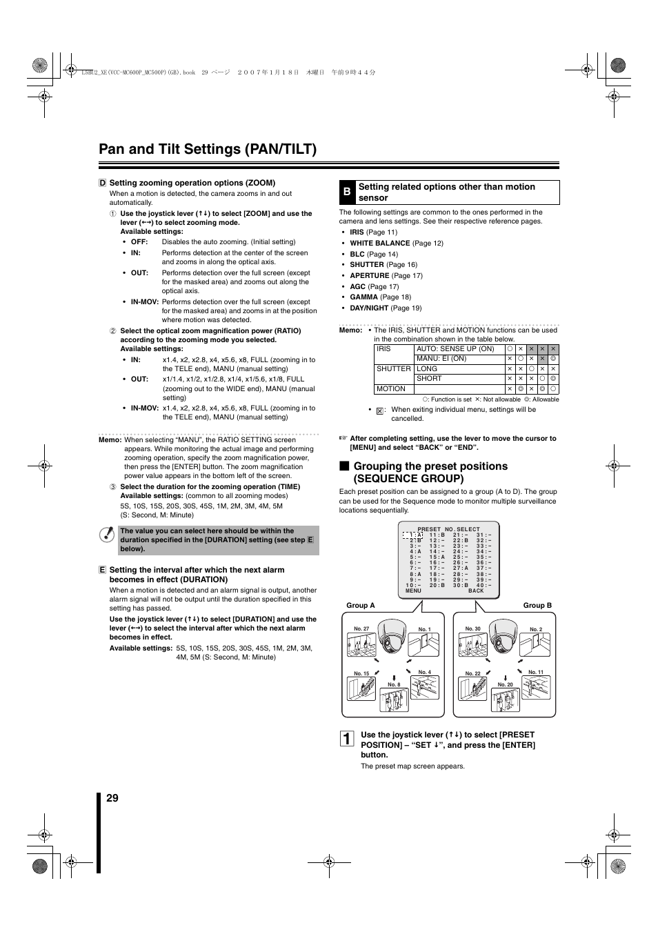 Pan and tilt settings (pan/tilt), B grouping the preset positions (sequence group) | Sanyo VCC-MC600P User Manual | Page 30 / 56